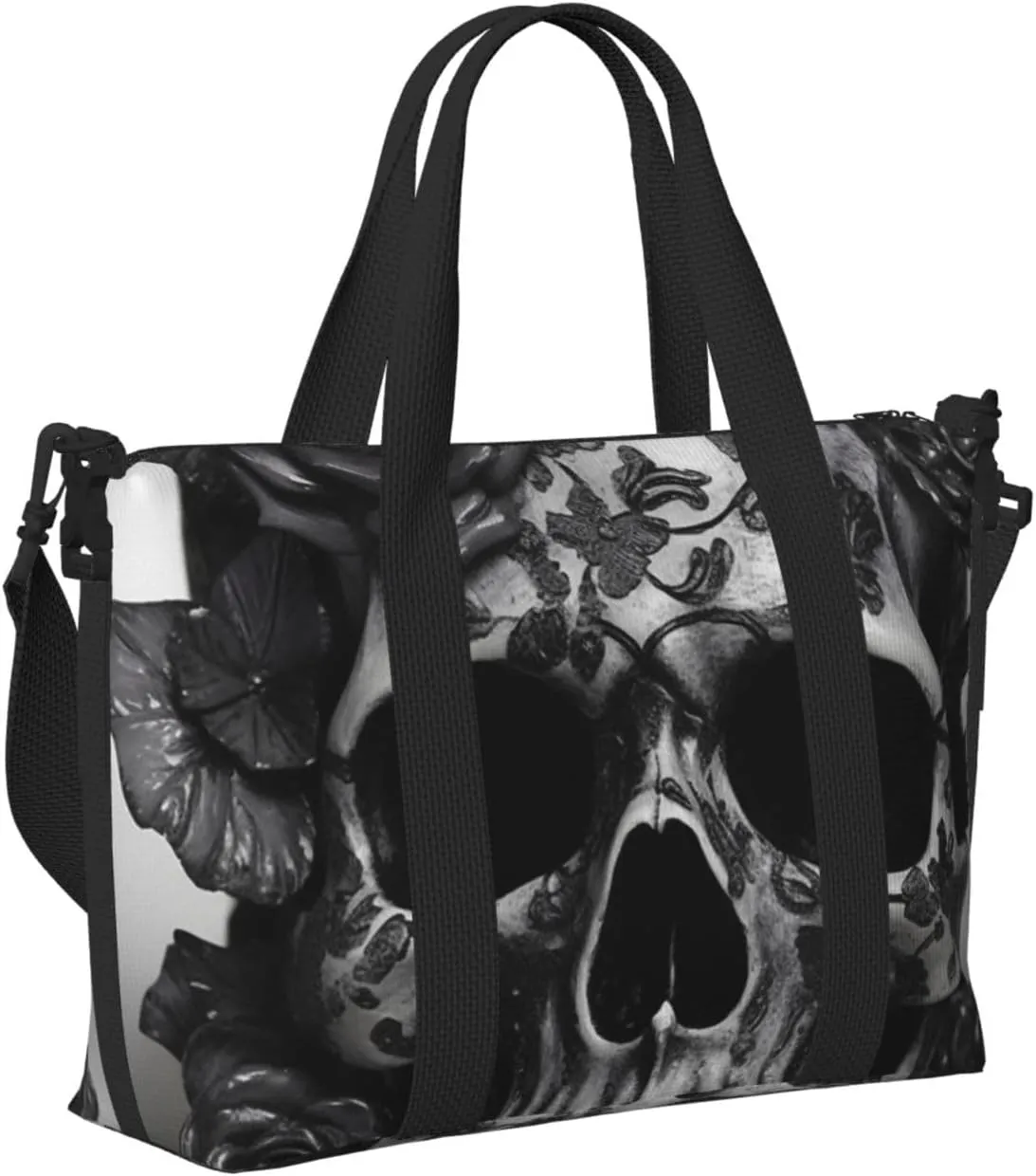 Sports Gym Bag for Women Men Travel Duffel Bag Tote Weekender Bag Carry on Overnight Bag for Travel Swimming Fitness Workout Sports Black Skull Rose Duffle Bag
