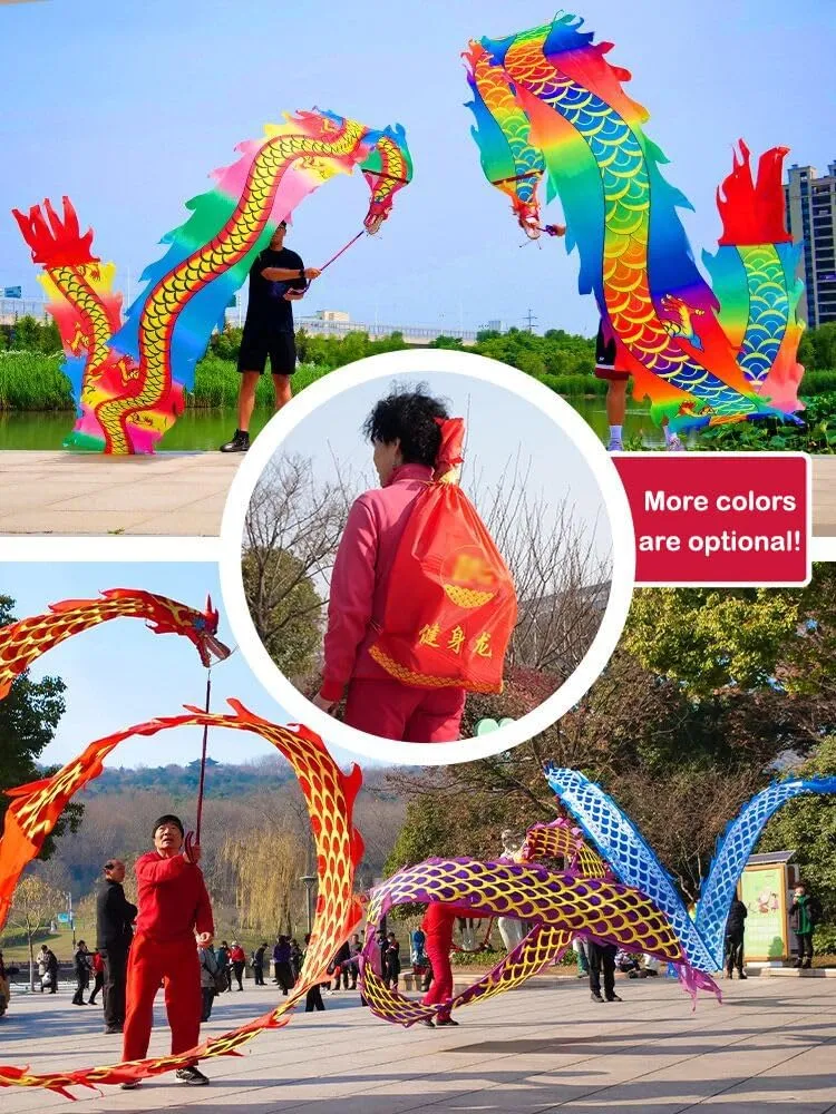 Square Exercise Dance Dragon Ribbon Streamer Printed with Dragon Tattoo, Comes with 3D Real-Like Dragon Head and Swing Rope Outdoor Dragon Poi Set