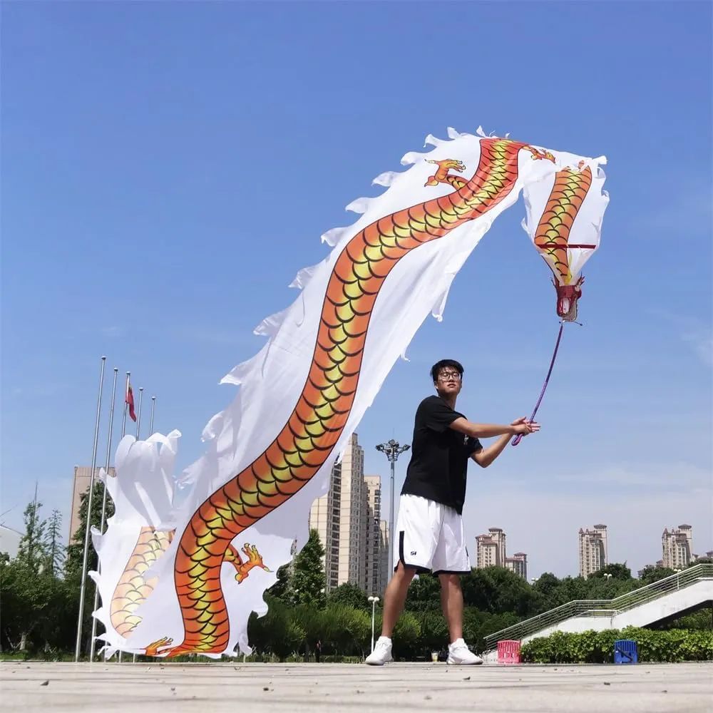 Square Exercise Dance Dragon Ribbon Streamer Printed with Dragon Tattoo, Comes with 3D Real-Like Dragon Head and Swing Rope Outdoor Dragon Poi Set