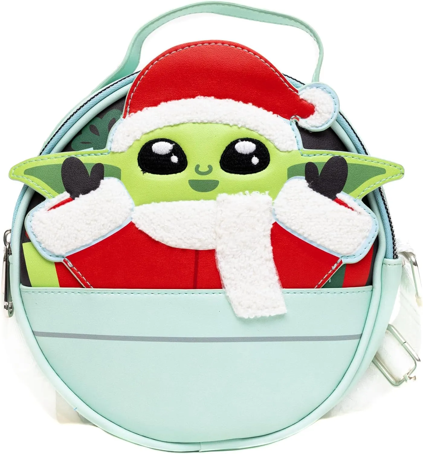 Star Wars Bag, Crossbody, Round, Christmas Holiday Santa Grogu This is the Way Mint, Vegan Leather