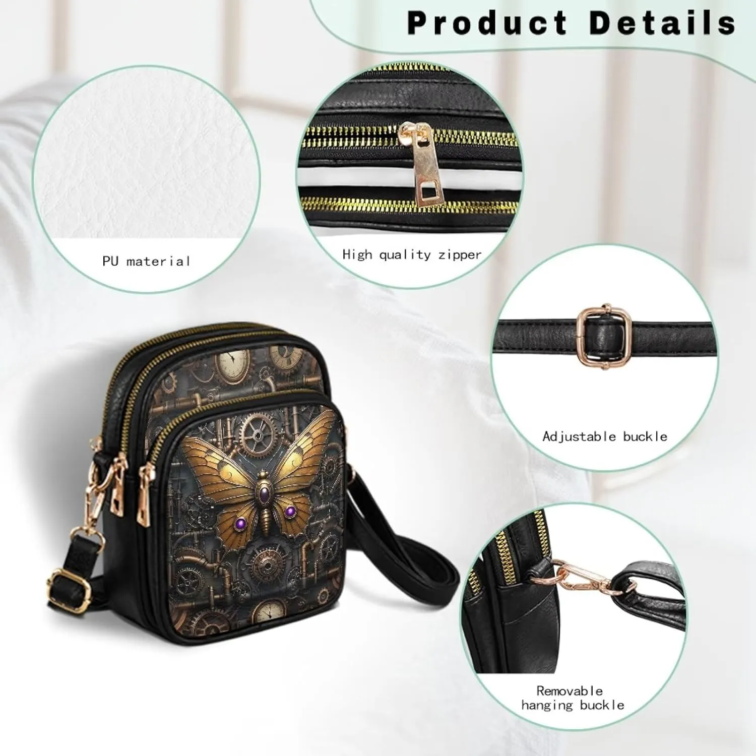 Steampunk Small Crossbody Bags for Women, Retro Mechanical Style Cell Phone Holder, PU Leather Zip Shoulder Bag