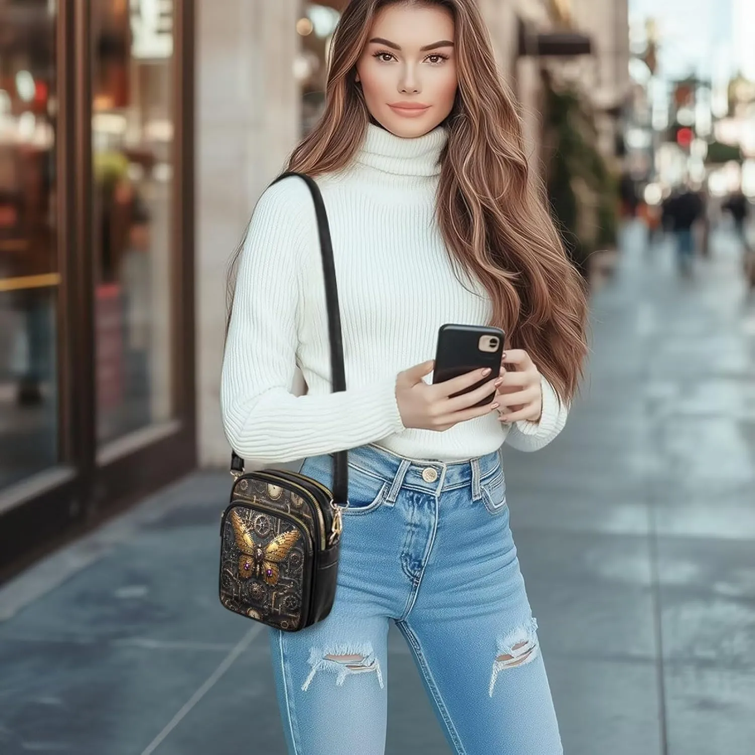 Steampunk Small Crossbody Bags for Women, Retro Mechanical Style Cell Phone Holder, PU Leather Zip Shoulder Bag