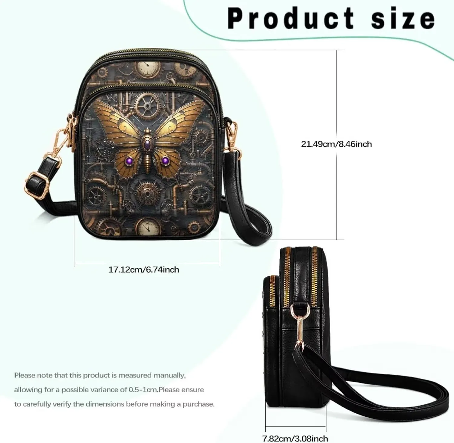 Steampunk Small Crossbody Bags for Women, Retro Mechanical Style Cell Phone Holder, PU Leather Zip Shoulder Bag