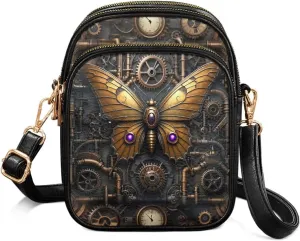 Steampunk Small Crossbody Bags for Women, Retro Mechanical Style Cell Phone Holder, PU Leather Zip Shoulder Bag