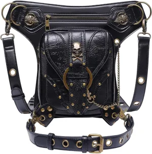 Steampunk Waist Bag Pack Thigh Purse Gothic PU Shoulder Crossbody Hiking Chain Bag