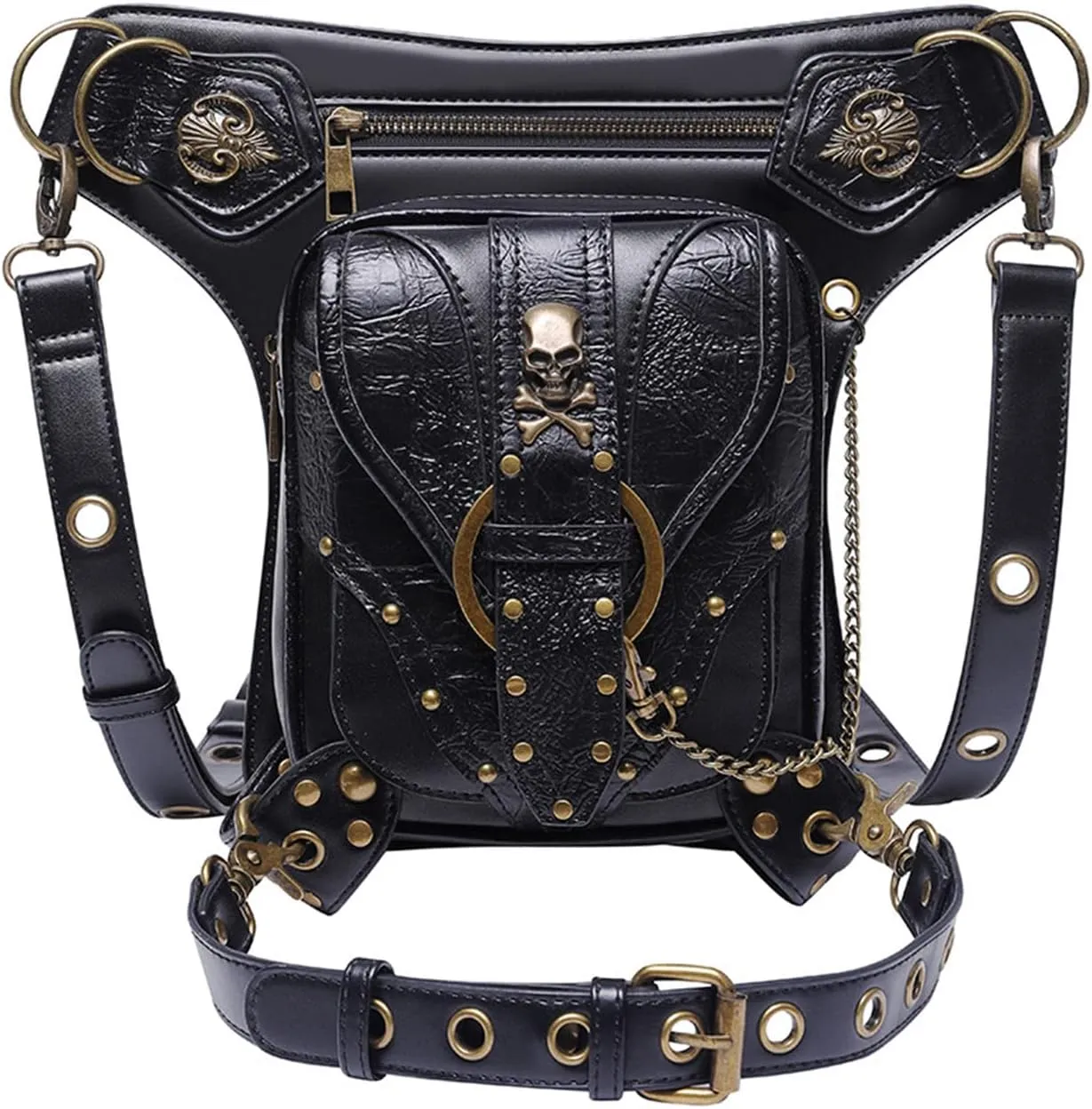Steampunk Waist Bag Pack Thigh Purse Gothic PU Shoulder Crossbody Hiking Chain Bag