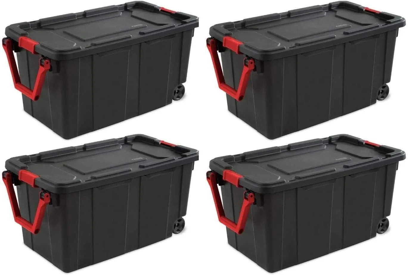 Sterilite 14699002 40 Gallon/151 Liter Wheeled Industrial Tote, Black Lid & Base w/Racer Red Handle & Latches, 4-Pack