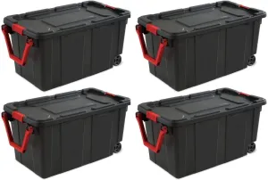 Sterilite 14699002 40 Gallon/151 Liter Wheeled Industrial Tote, Black Lid & Base w/Racer Red Handle & Latches,4 Pack