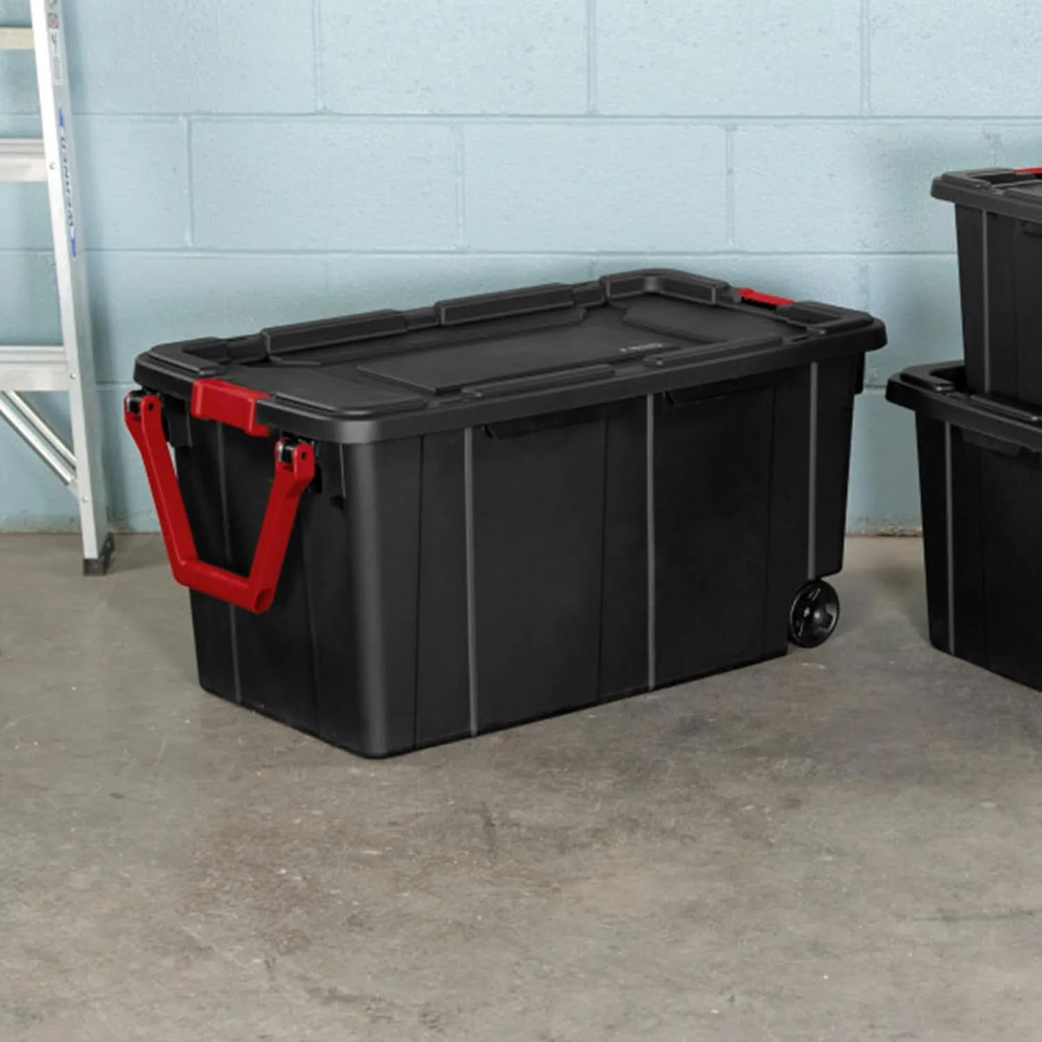 Sterilite 8-Pack Industrial Tote, Heavy-Duty Storage Bins w/Lids and Wheels, 40 Gallon - Stackable Organizing Containers for Home, Garage, Office, and Basement