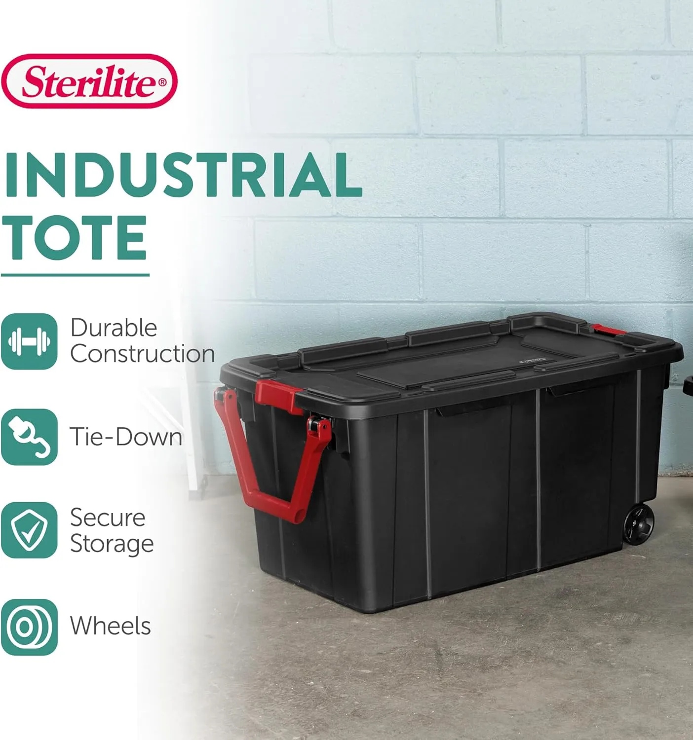 Sterilite 8-Pack Industrial Tote, Heavy-Duty Storage Bins w/Lids and Wheels, 40 Gallon - Stackable Organizing Containers for Home, Garage, Office, and Basement