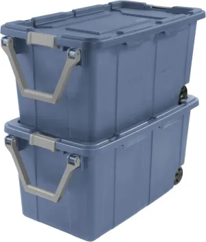 Storage Bin 40 Gallon 160 Qt Wheeled Industrial Tote Plastic Rolling Stacker Storage Box, Tough Lidded Stackable Storage Container for Home, Garage, and Camping Blue Moonlight Base and Lid 2-pack