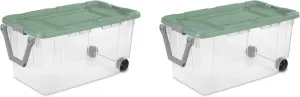 Storage Bin 40 Gallon 160 Qt Wheeled Industrial Tote Plastic Rolling Stacker Storage Box, Tough Lidded Stackable Storage Container for Home, Garage, and Camping Clear Base & Green Sage Lid 2-pack