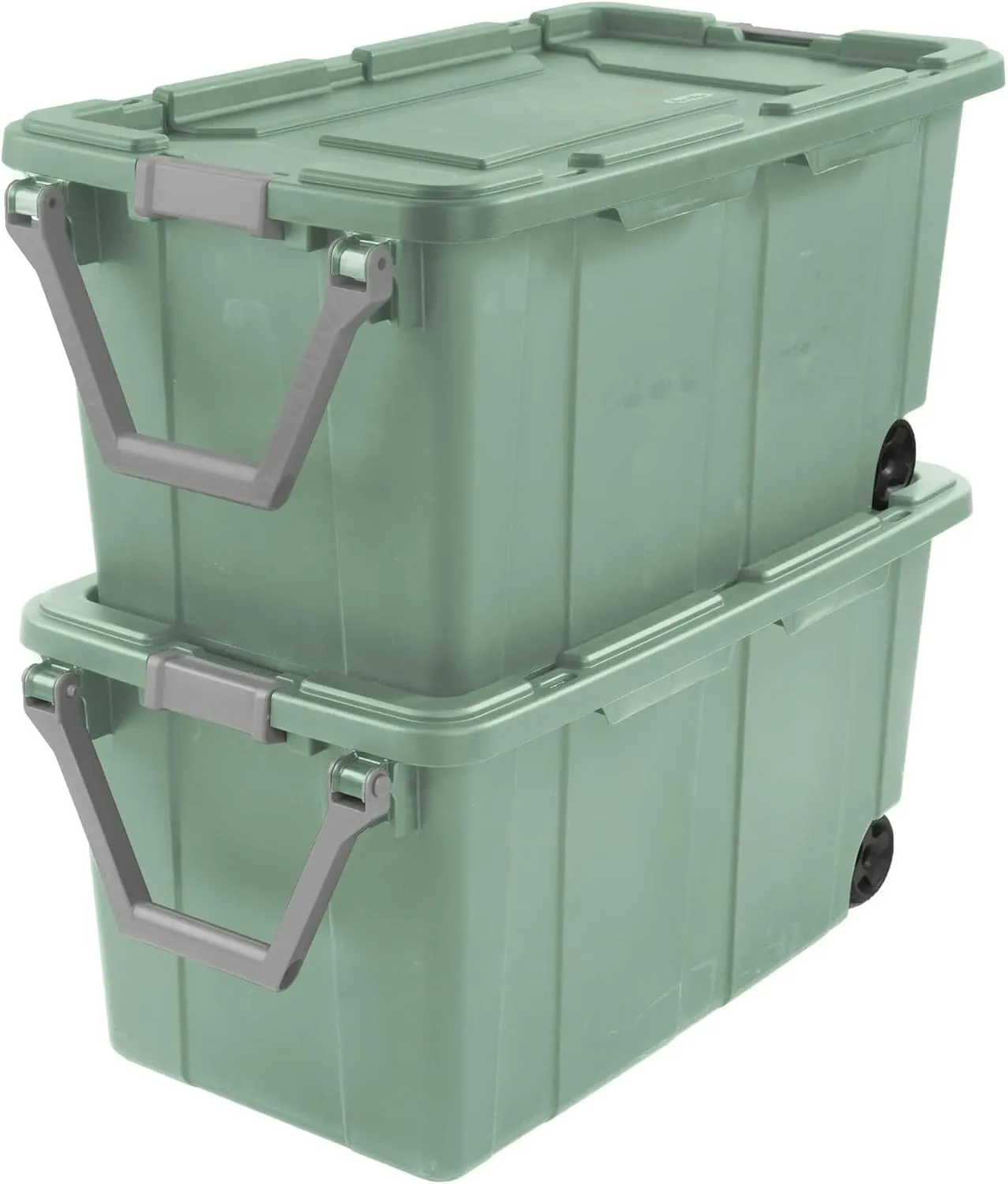 Storage Bin 40 Gallon 160 Qt Wheeled Industrial Tote Plastic Rolling Stacker Storage Box, Tough Lidded Stackable Storage Container for Home, Garage, and Camping Green Sage Base and Lid 2-pack