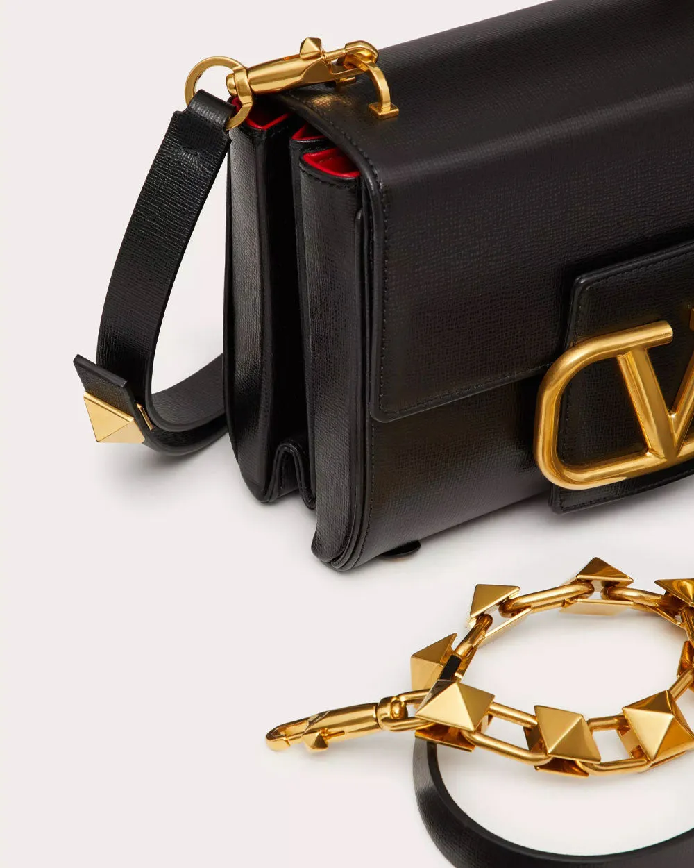 Stud VLOGO Grainy Calfskin Shoulder Bag in Black