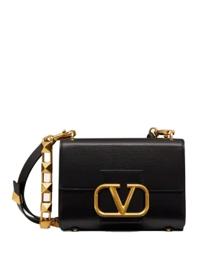 Stud VLOGO Grainy Calfskin Shoulder Bag in Black
