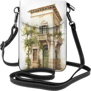 Stylish lightweight Antique Building with Roman Olive Branch and Greek print leather crossbody cell phone bag,cute multi pocket travel purse