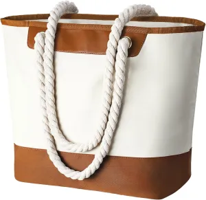 Stylish Waterproof Beach Tote Bag for Women, Large Capacity Zipper Closure with Rope Shoulder Straps