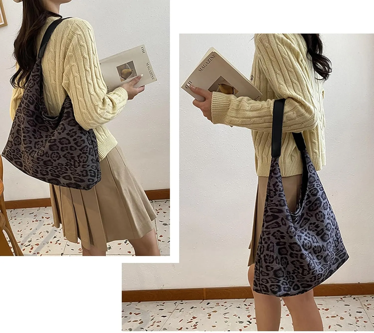 Suede Bags for Women Leopard Print Suede Tote Bag,Suede Shoulder Bag,Womens Hobo Handbag,Slouchy Bags