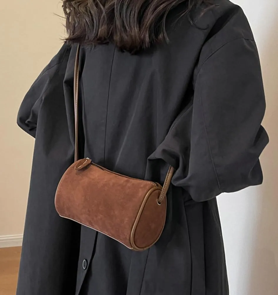 Suede Shoulder Bag for Women - Crossbody Clutch Handbag Purse Satchel Frosted Cylinder Tote