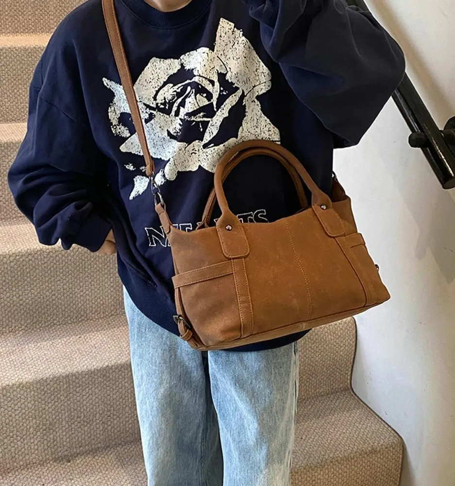 Suede Tote Bag for Women Faux Suede Crossbody Purse Slouchy Shoulder Bag Vintage Top-handle Work Travel Tote Handbag