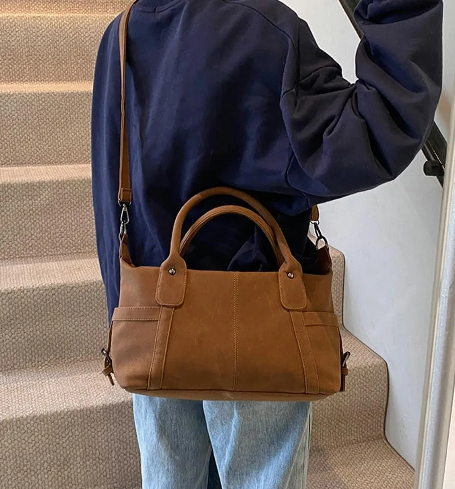 Suede Tote Bag for Women Faux Suede Crossbody Purse Slouchy Shoulder Bag Vintage Top-handle Work Travel Tote Handbag