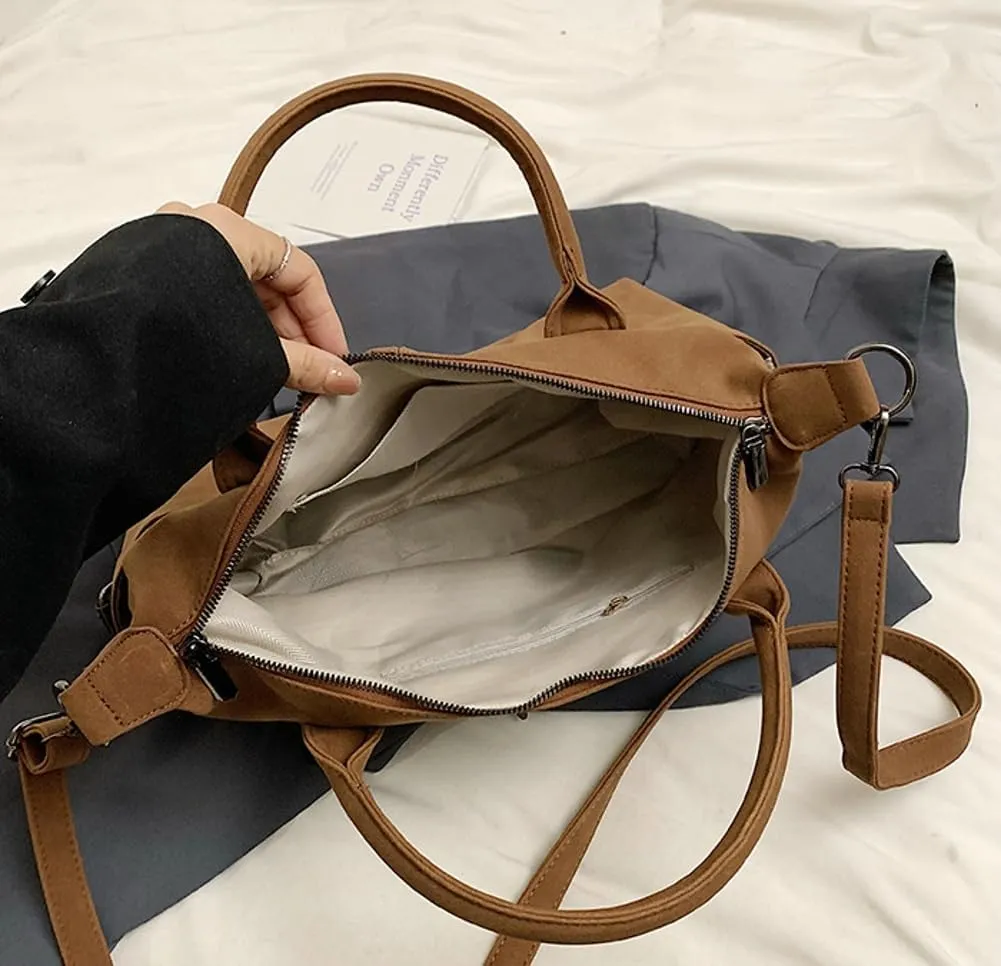 Suede Tote Bag for Women Faux Suede Crossbody Purse Slouchy Shoulder Bag Vintage Top-handle Work Travel Tote Handbag