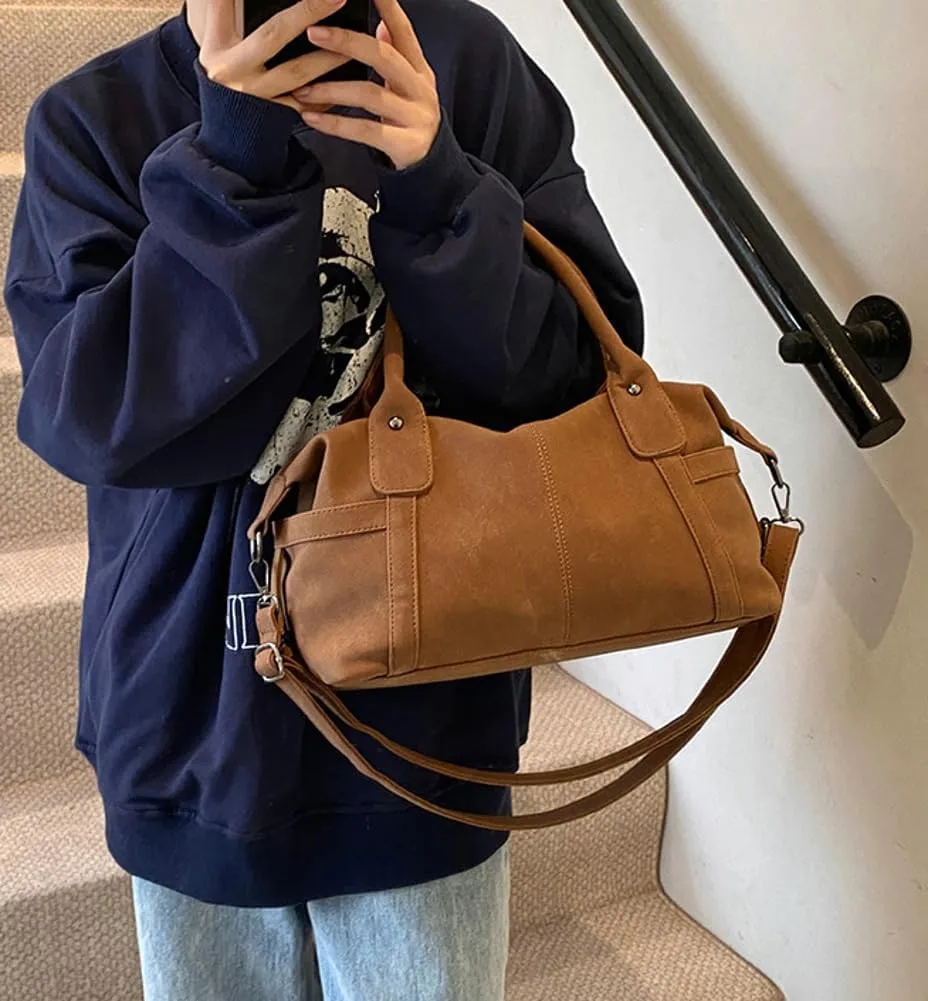 Suede Tote Bag for Women Faux Suede Crossbody Purse Slouchy Shoulder Bag Vintage Top-handle Work Travel Tote Handbag
