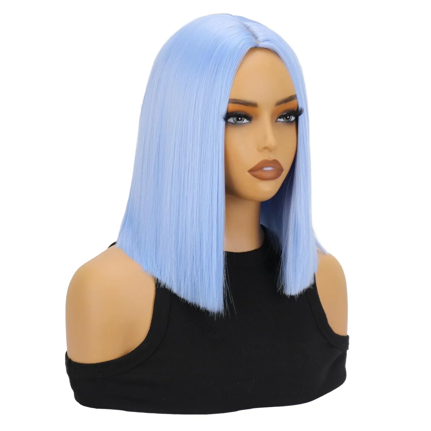 SUKRI Straight Blue Bob Wig Middle Part Short Light Blue Bob Wigs for Women 12Inch Shoulder Length Blue Wigs without Bangs Synthetic Wigs for Costume Cosplay
