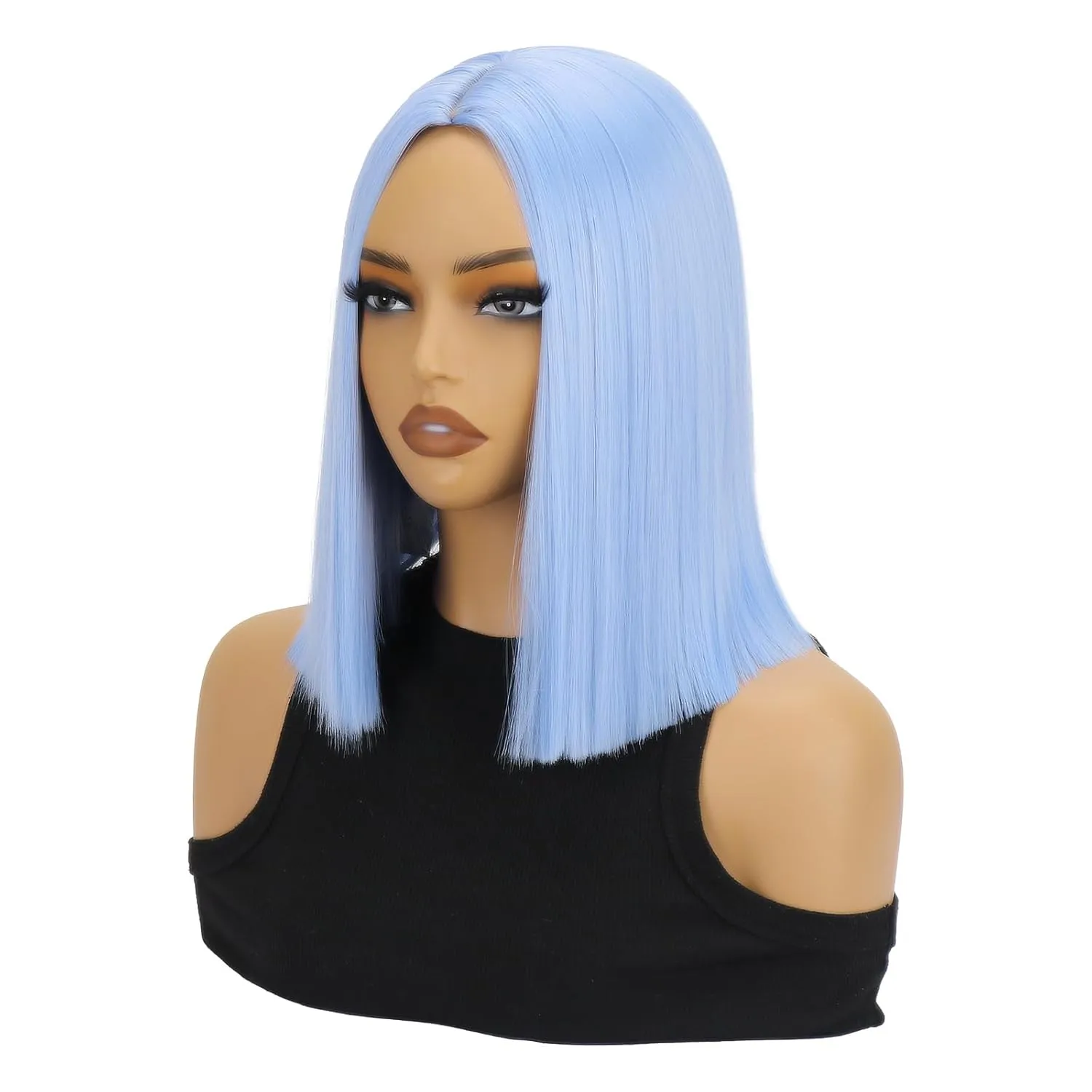 SUKRI Straight Blue Bob Wig Middle Part Short Light Blue Bob Wigs for Women 12Inch Shoulder Length Blue Wigs without Bangs Synthetic Wigs for Costume Cosplay