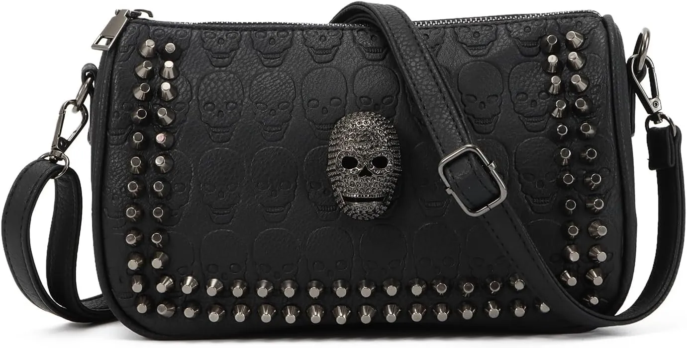 SUKUTU Womens Punk Skull Rivet Shoulder Bag PU Leather Goth Crossbody Bag with Chain Wallet Purse for Girls