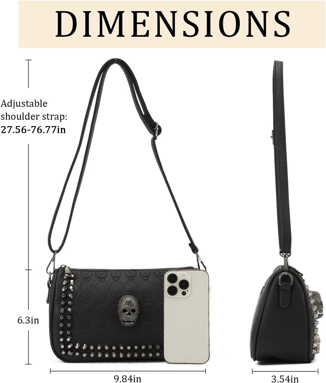 SUKUTU Womens Punk Skull Rivet Shoulder Bag PU Leather Goth Crossbody Bag with Chain Wallet Purse for Girls