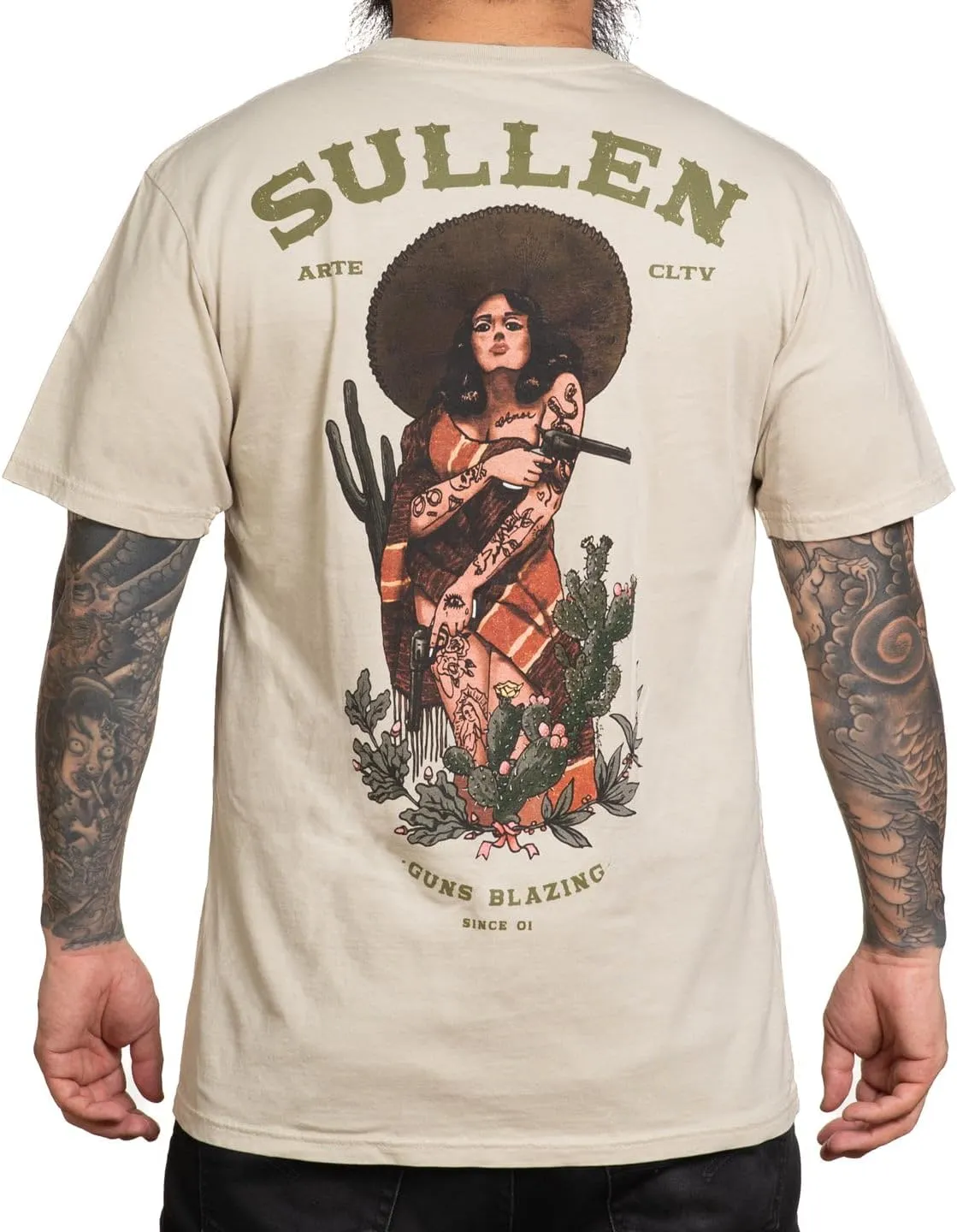 Sullen Men's Guns Blazing Tattoo Lifestyle Graphic Banditios De Arte Capsule Premium Short Sleeve Tee