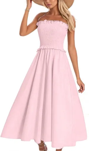 Summer Dresses for Women 2025 Strapless Sundress Off Shoulder Sleeveless High Waist Smocked A-Line Beach Maxi Dress