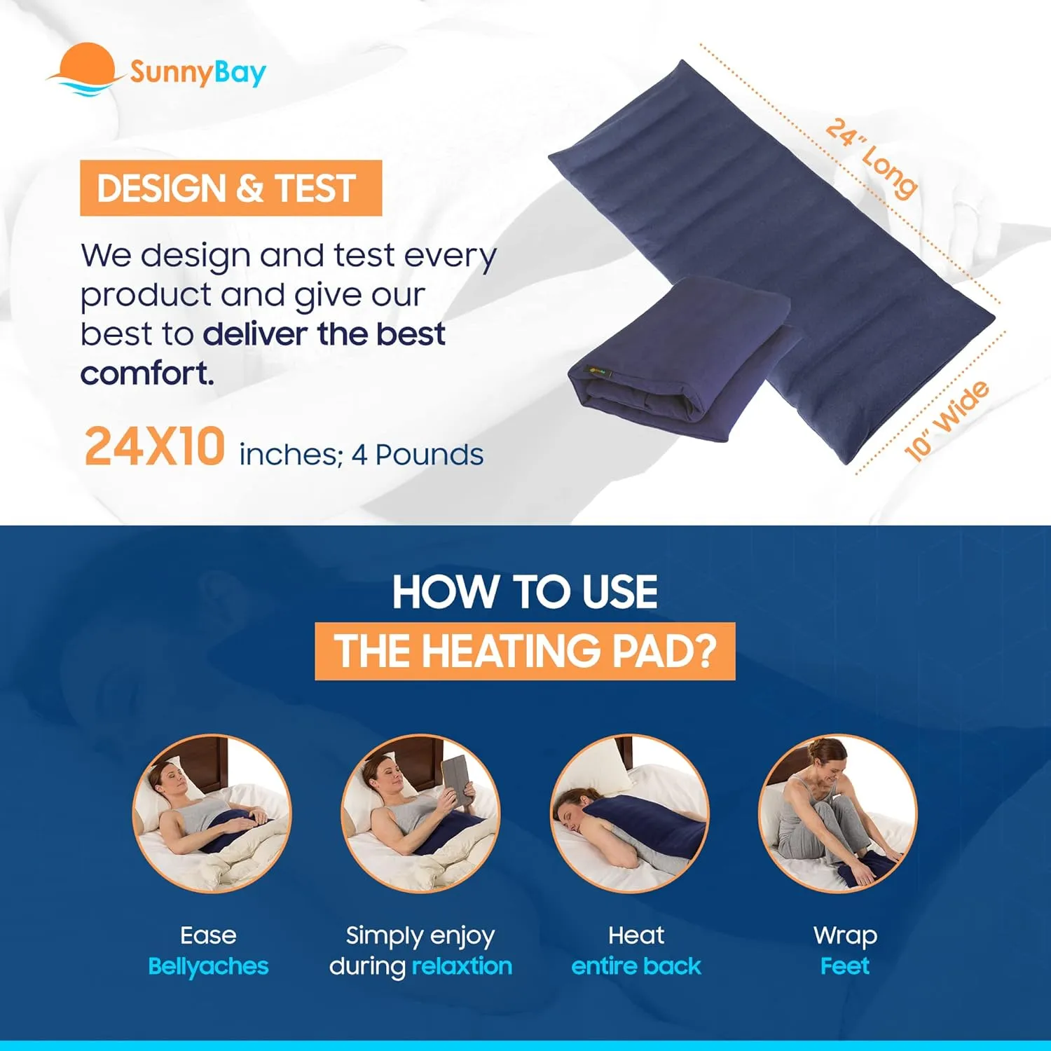 SunnyBay Extra Large Microwave Heating Pad, Microwavable Heavy Weighted Full Body Moist Hot or Cold Pack and Washable Fleece Cover, 10x24 Inches, FSA HSA Eligible, 4 lbs, Made in USA, Navy Blue