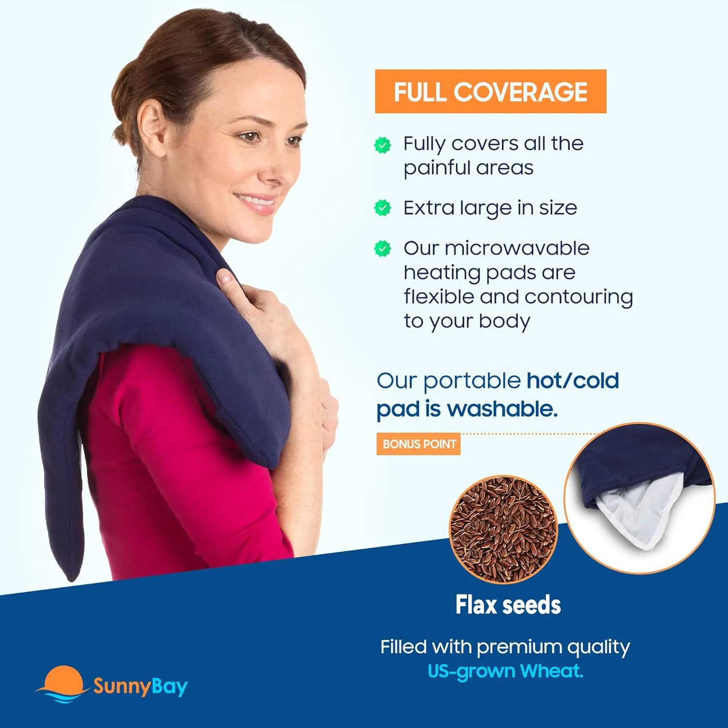 SunnyBay Extra Large Microwave Heating Pad, Microwavable Heavy Weighted Full Body Moist Hot or Cold Pack and Washable Fleece Cover, 10x24 Inches, FSA HSA Eligible, 4 lbs, Made in USA, Navy Blue