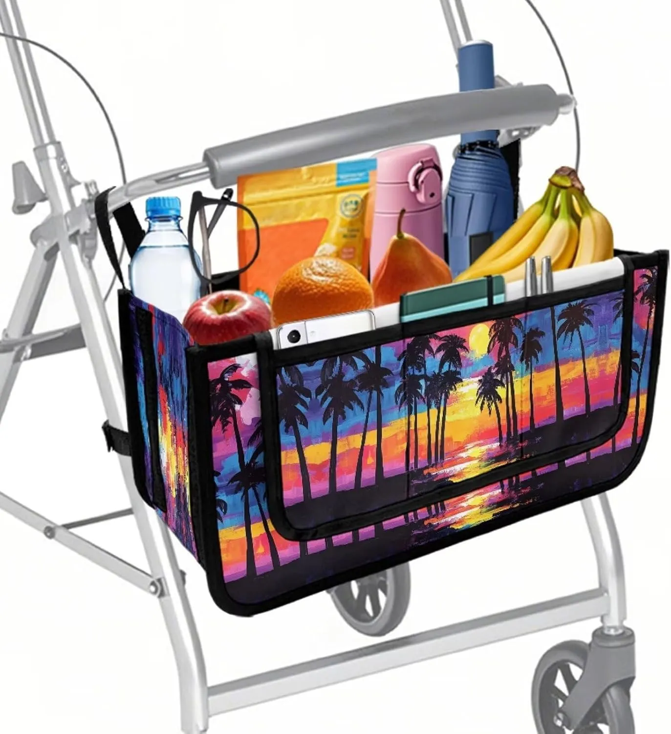 Sunset Beach Palm Tree Rollator Bag Tote Organizer for Universal Walkers Walker Bag Mobility Aid Accessory Pouch for Seniors in Assisted Living