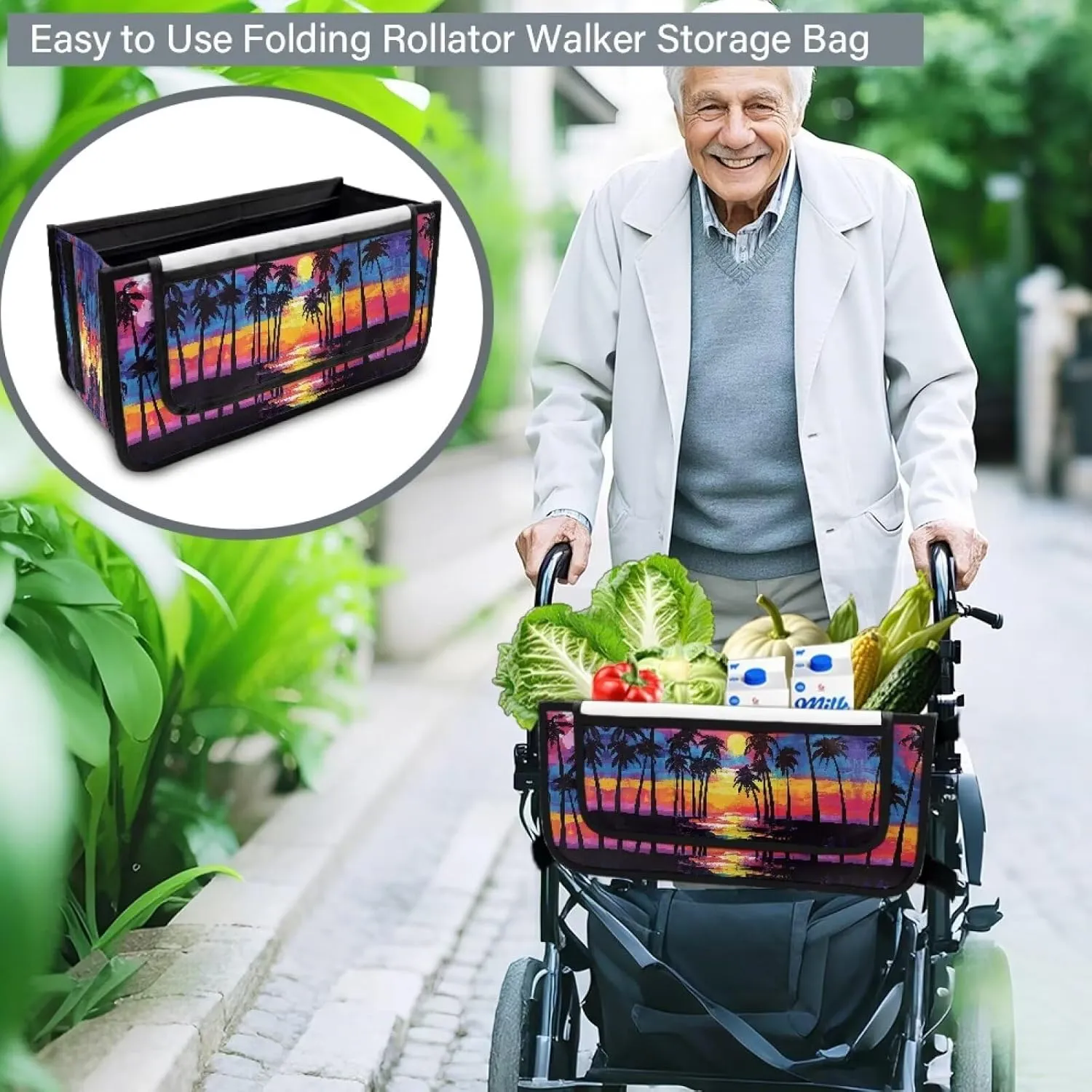 Sunset Beach Palm Tree Rollator Bag Tote Organizer for Universal Walkers Walker Bag Mobility Aid Accessory Pouch for Seniors in Assisted Living
