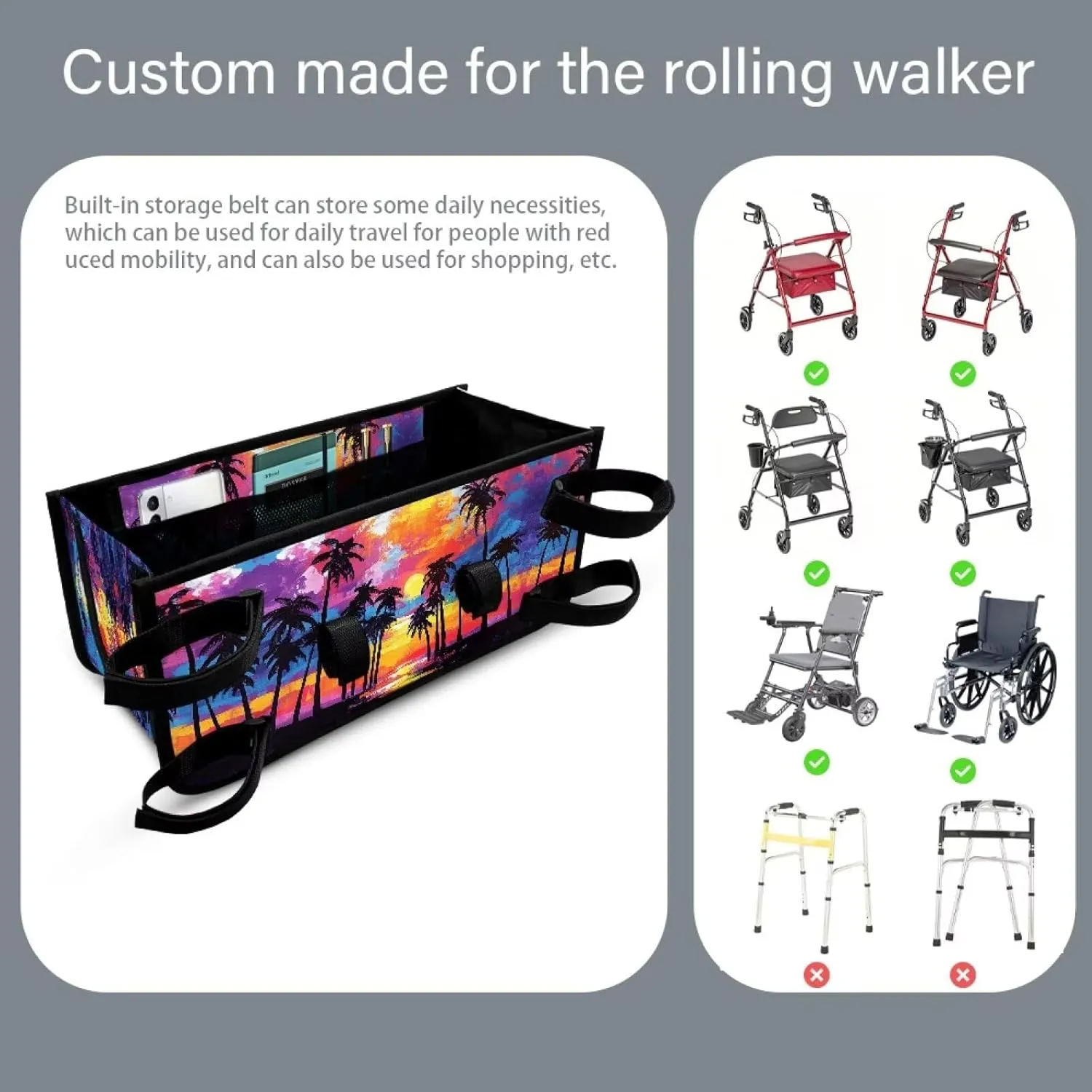 Sunset Beach Palm Tree Rollator Bag Tote Organizer for Universal Walkers Walker Bag Mobility Aid Accessory Pouch for Seniors in Assisted Living