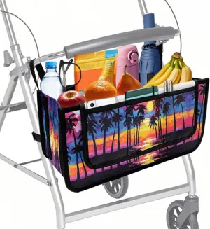 Sunset Beach Palm Tree Rollator Bag Tote Organizer for Universal Walkers Walker Bag Mobility Aid Accessory Pouch for Seniors in Assisted Living