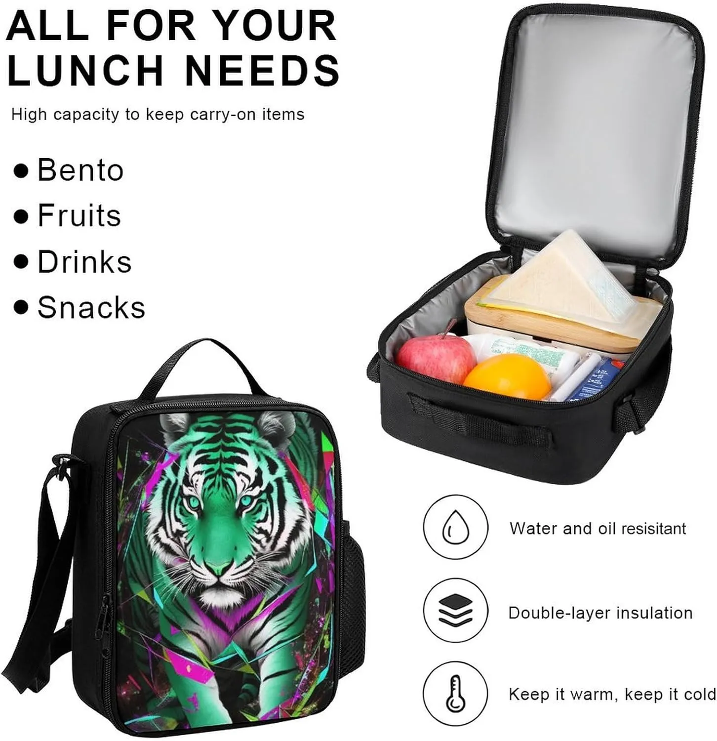 Supdreamc 3 Piece Daypack Sets, Trippy Tiger Animal Art Bookbag Lunch Bag Pencil Case, Shoulder Book Bags, Travel and Sport Backpack Rucksack Backpack Daypack