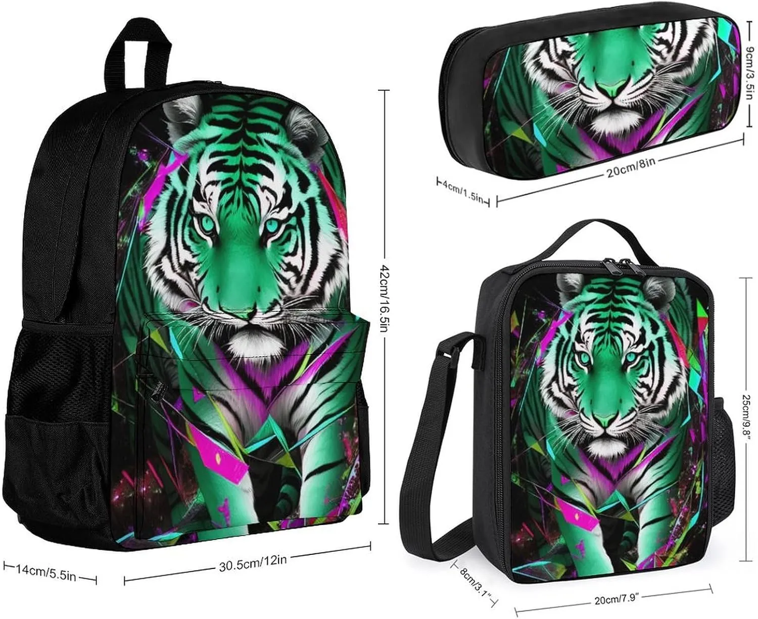 Supdreamc 3 Piece Daypack Sets, Trippy Tiger Animal Art Bookbag Lunch Bag Pencil Case, Shoulder Book Bags, Travel and Sport Backpack Rucksack Backpack Daypack