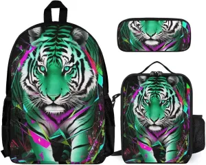Supdreamc 3 Piece Daypack Sets, Trippy Tiger Animal Art Bookbag Lunch Bag Pencil Case, Shoulder Book Bags, Travel and Sport Backpack Rucksack Backpack Daypack