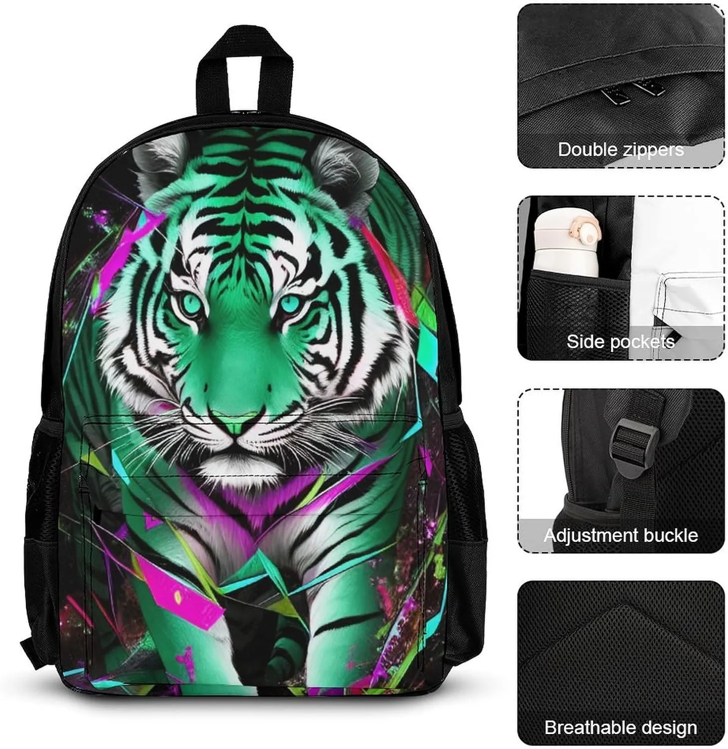 Supdreamc 3 Piece Daypack Sets, Trippy Tiger Animal Art Bookbag Lunch Bag Pencil Case, Shoulder Book Bags, Travel and Sport Backpack Rucksack Backpack Daypack