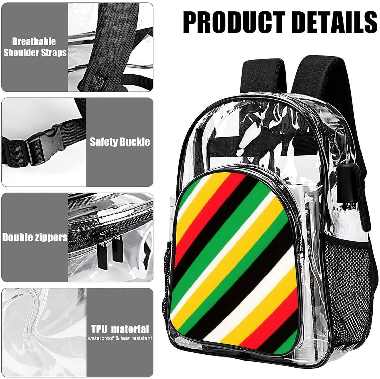 Supdreamc Daypack Backpack Multipurpose Anti-Theft Large Capacity Bookbag - Jamaican Rasta Flag Art Travel Hiking & Camping Rucksack Transparent Bag
