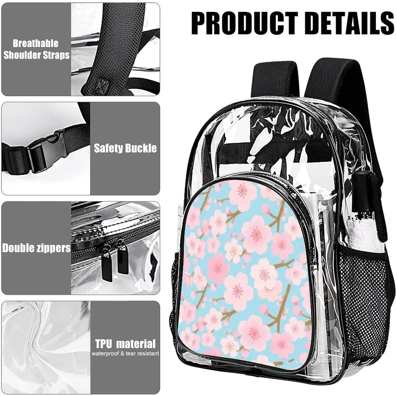 Supdreamc Lightweight Backpack for Gym Travel Bicycle - Big Capacity Multipurpose Transparent Carry On Bag, Spring Pink Blossom Trees Cherry Flowers Art Travel Hiking Bag & Day Pack
