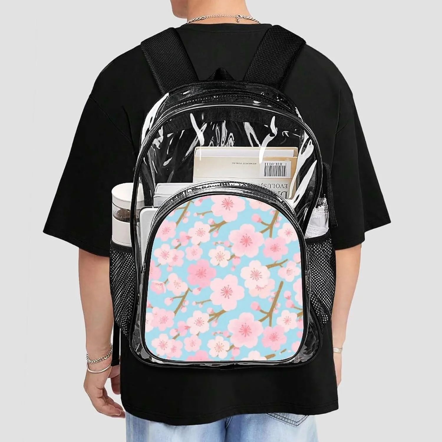 Supdreamc Lightweight Backpack for Gym Travel Bicycle - Big Capacity Multipurpose Transparent Carry On Bag, Spring Pink Blossom Trees Cherry Flowers Art Travel Hiking Bag & Day Pack