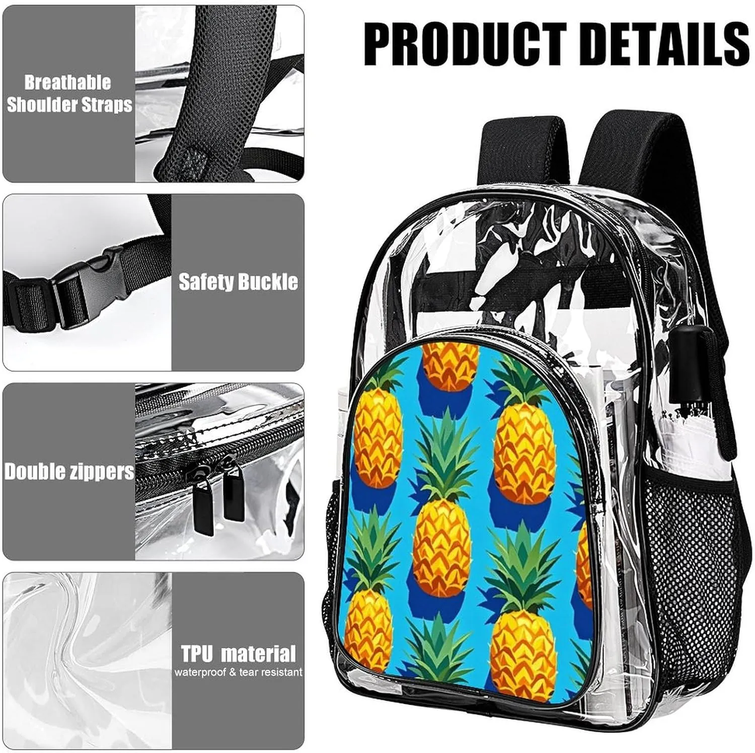 Supdreamc Lightweight Daypack Backpack for Sports Travel Running - Large Capacity Multipurpose Transparent Bookbag, Hawaiian Tropical Pineapple Art Laptop Backpack Daypack