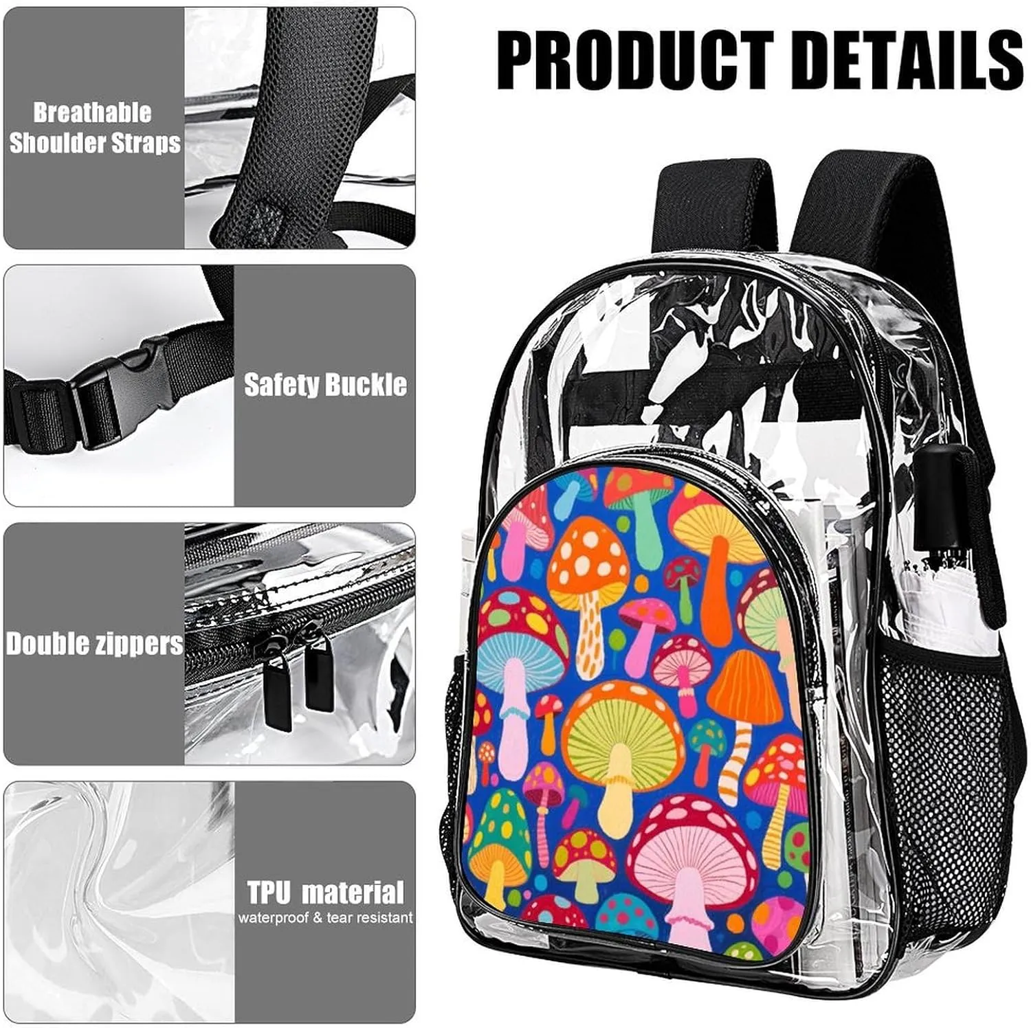 Supdreamc Men Women Lightweight Colorful Mushroom Art Casual Daypack Big Capacity Bookbag Transparent Bag for Gym Travel Walking Cycling