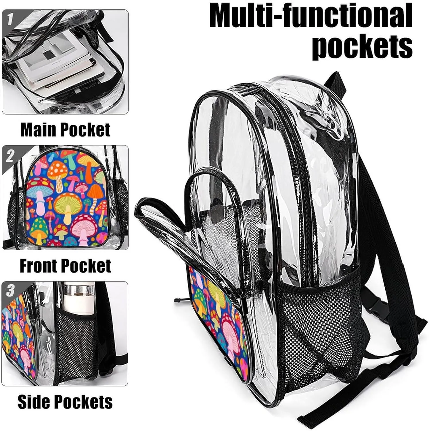 Supdreamc Men Women Lightweight Colorful Mushroom Art Casual Daypack Big Capacity Bookbag Transparent Bag for Gym Travel Walking Cycling