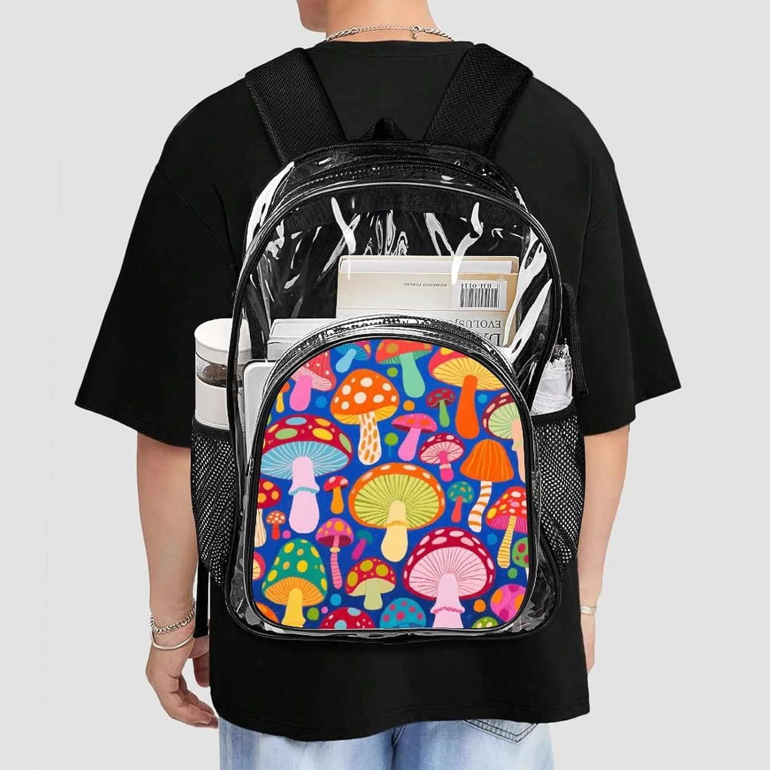 Supdreamc Men Women Lightweight Colorful Mushroom Art Casual Daypack Big Capacity Bookbag Transparent Bag for Gym Travel Walking Cycling